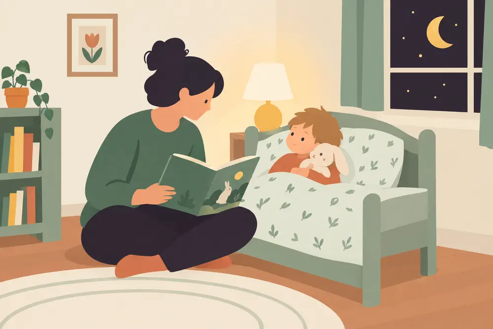 A parent reads a picture book beside a toddler tucked into bed with a stuffed bunny