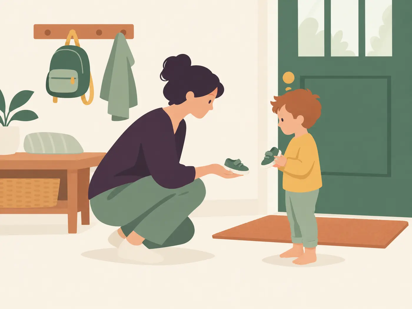 A parent crouches at a toddler’s eye level by the front door, holding out a shoe