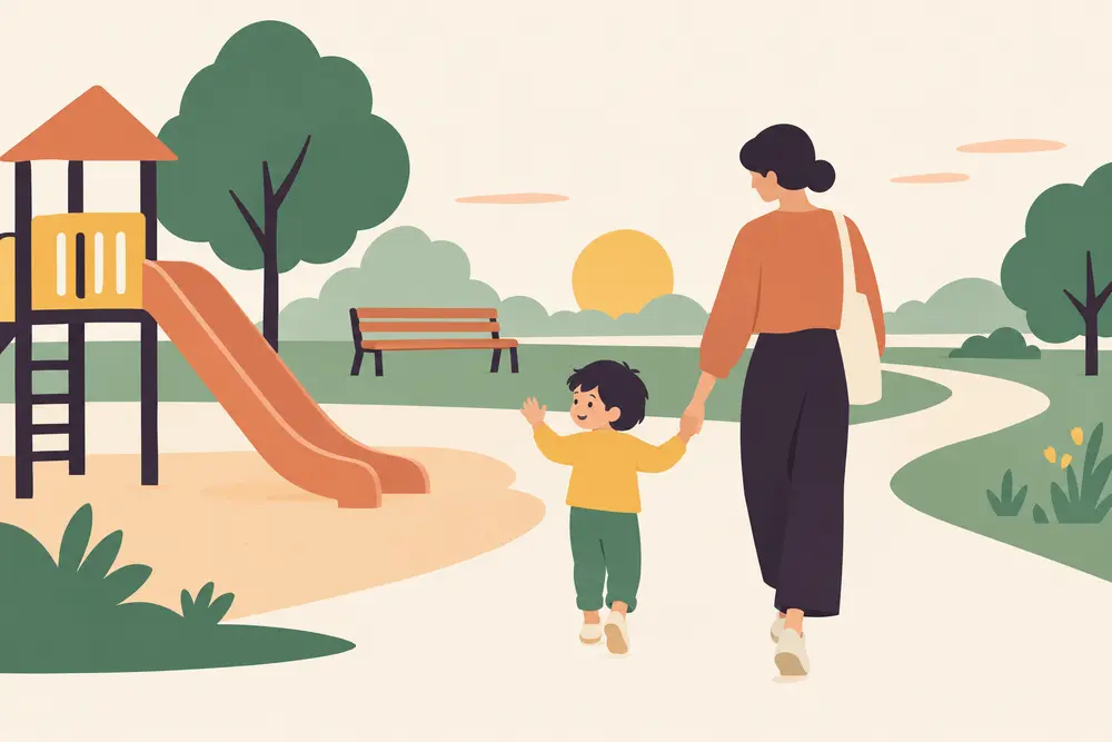 A parent and toddler walk away from the slide hand in hand, the toddler waving goodbye